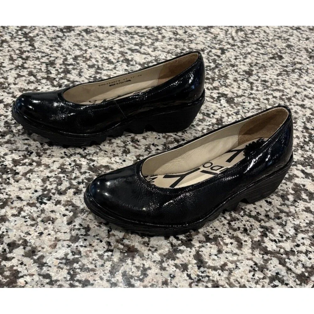 Fly London Yoni Shoes Women’s EU 36 Black Patent Leather Wedge Heel‎ Slip On